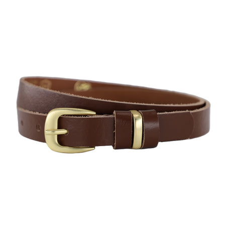 2cm brede bruine riem. Mat goud afgewerkt met 3 speelse lussen.