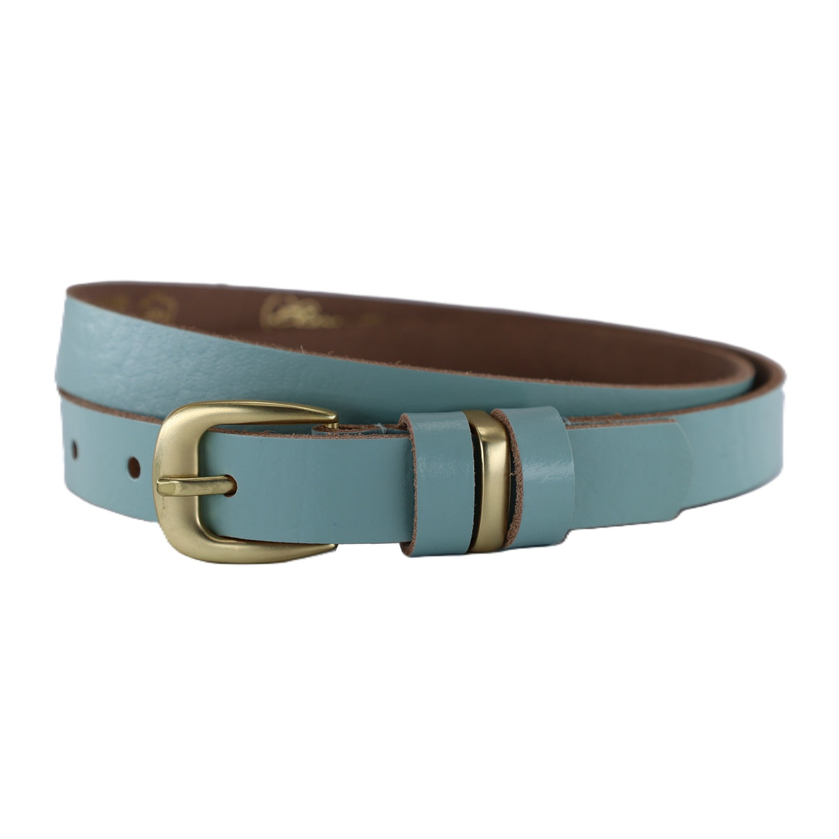 2cm brede baby blauwe riem. Mat goud afgewerkt met 3 speelse lussen.