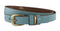 2cm brede baby blauwe riem. Mat goud afgewerkt met 3 speelse lussen.