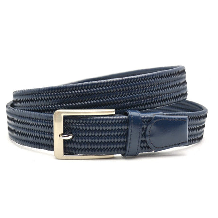Blauwe leren gevlochten stretch riem met zilverkleurige gesp.