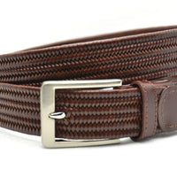 Bruine leren gevlochten stretch riem met zilverkleurige gesp.