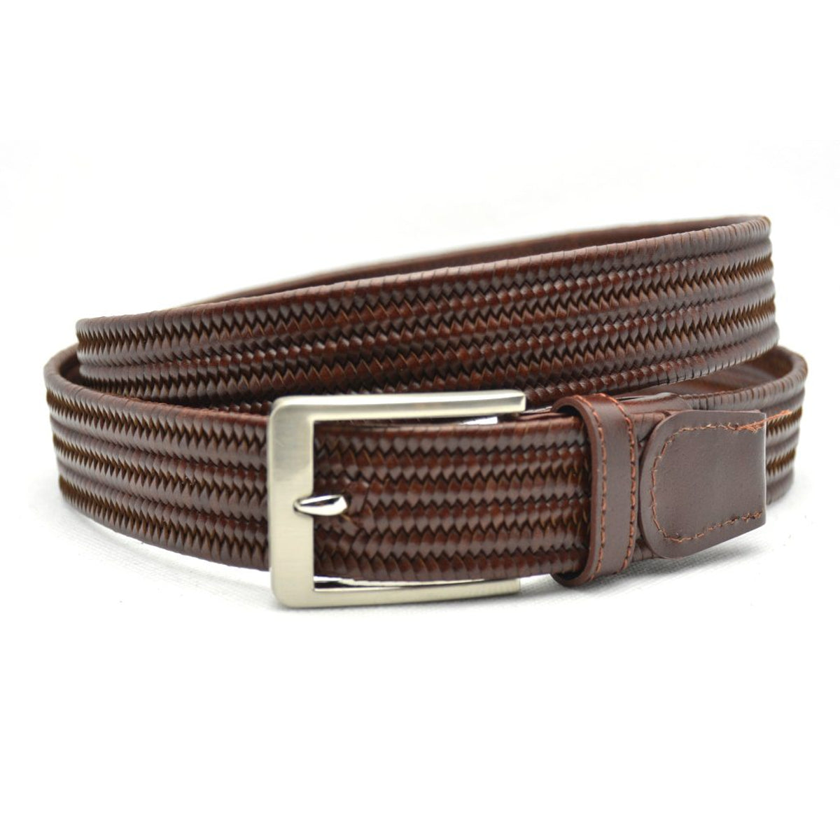 Bruine leren gevlochten stretch riem met zilverkleurige gesp.