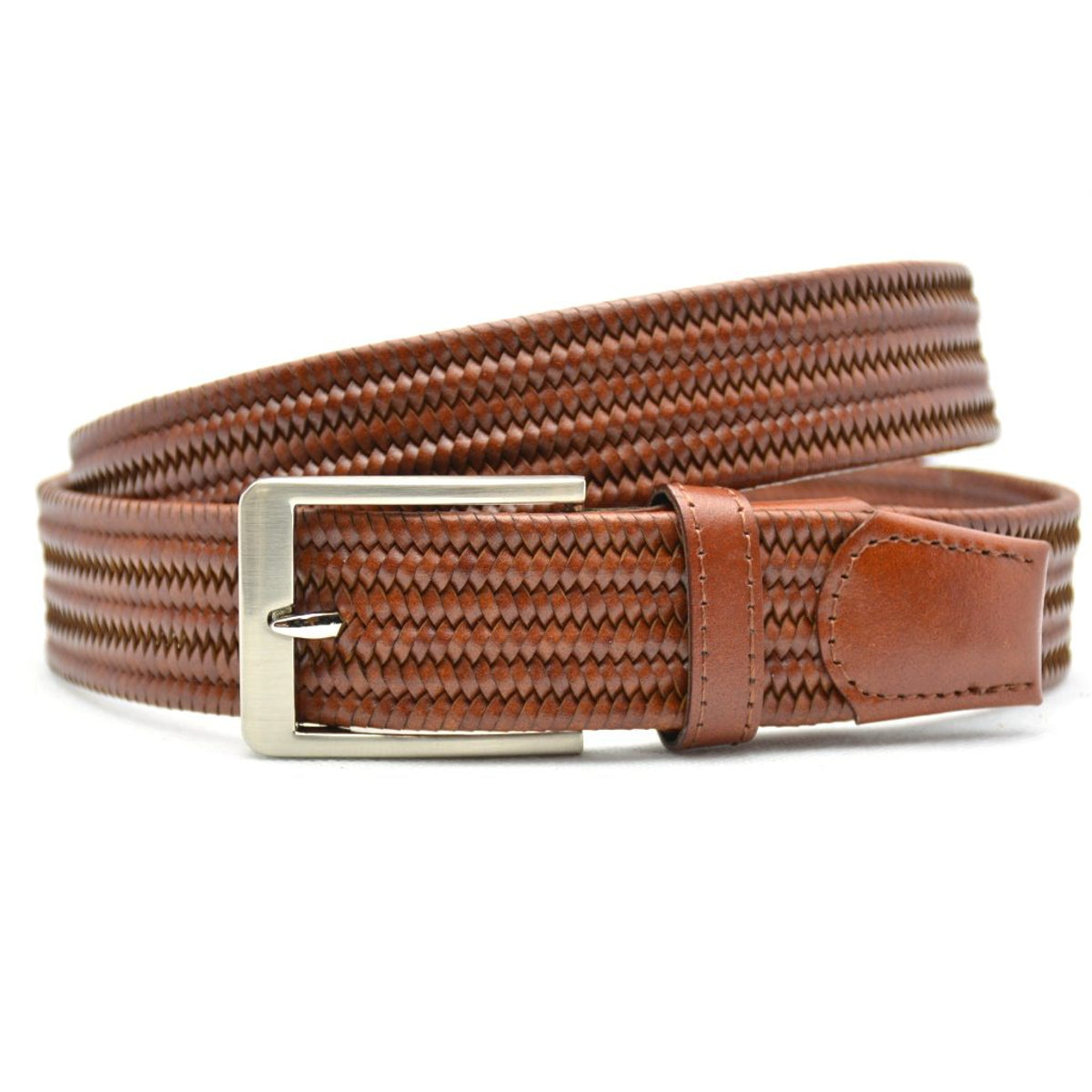 Cognac leren gevlochten stretch riem met zilverkleurige gesp.