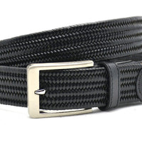 Zwarte leren gevlochten stretch riem met zilverkleurige gesp.