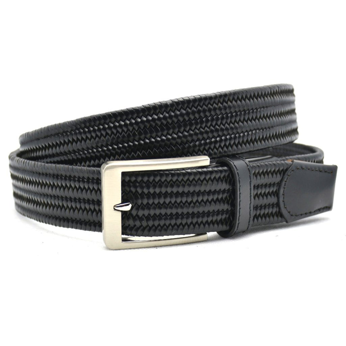 Zwarte leren gevlochten stretch riem met zilverkleurige gesp.