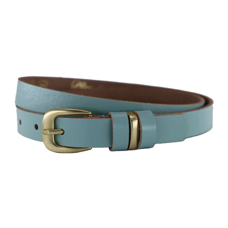baby blauwe smalle riem met mat gouden gesp