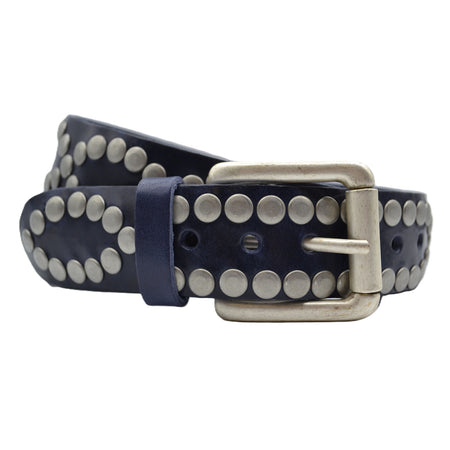 4cm brede blauwe riem met oud zilveren grote studs