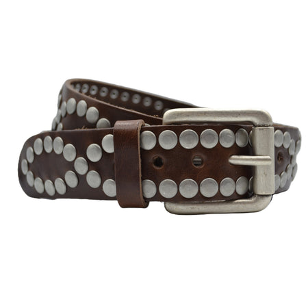 4cm brede bruine riem met oud zilveren grote studs