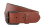 Rouwe cognac buffel soepel leren riem. 4mm dik en afgewerkt met zwart/bronze rolgesp