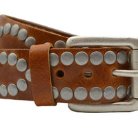 4cm brede cognac riem met oud zilveren grote studs