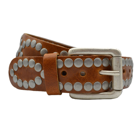 4cm brede cognac riem met oud zilveren grote studs