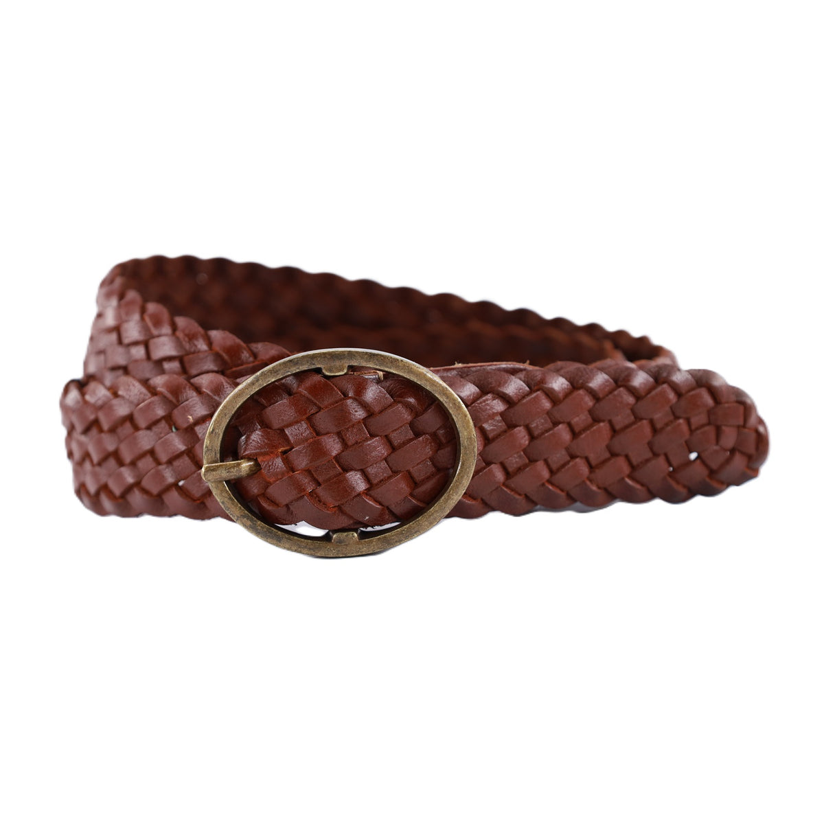 Cognac gevlochten riem met bronzen gesp.
