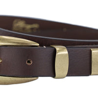 Smalle bruine western cowboy riem. 2.5cm breed. Echt soepel leer en Bronzen zilveren delen.