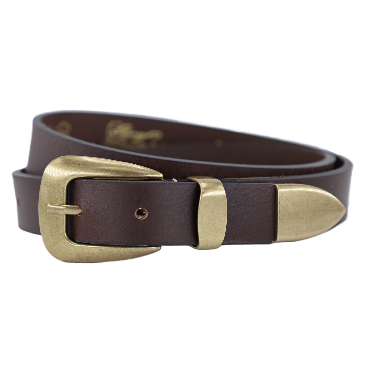Smalle bruine western cowboy riem. 2.5cm breed. Echt soepel leer en Bronzen zilveren delen.