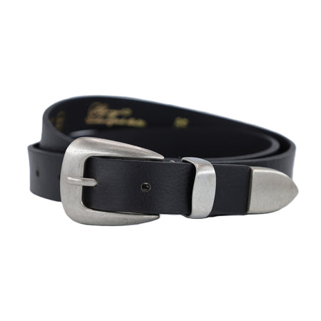 Smalle zwarte cowboy riem met oud zilveren delen.