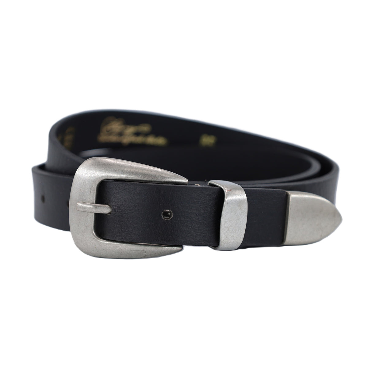 Smalle zwarte western cowboy riem. 2.5cm breed. Echt soepel leer en oud zilveren delen.