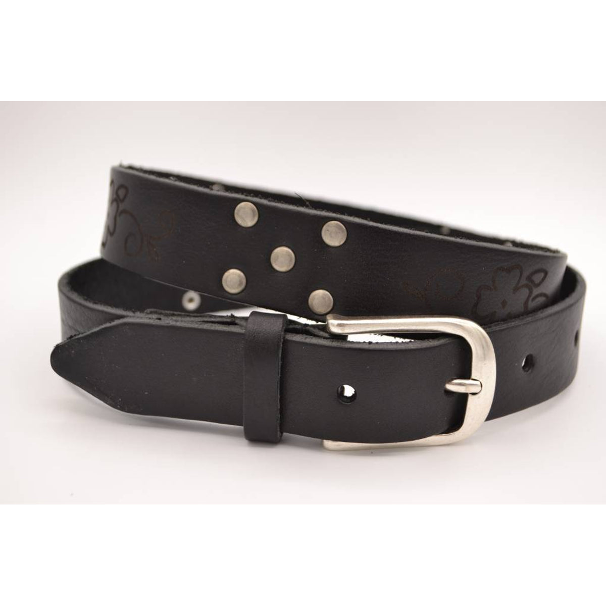 Zwarte riem met studs en laserprint 