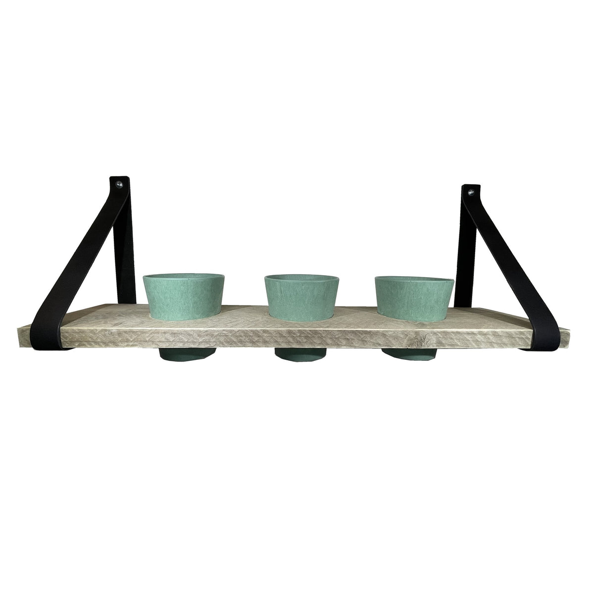 Kruidenrek met pastel groene potjes. 