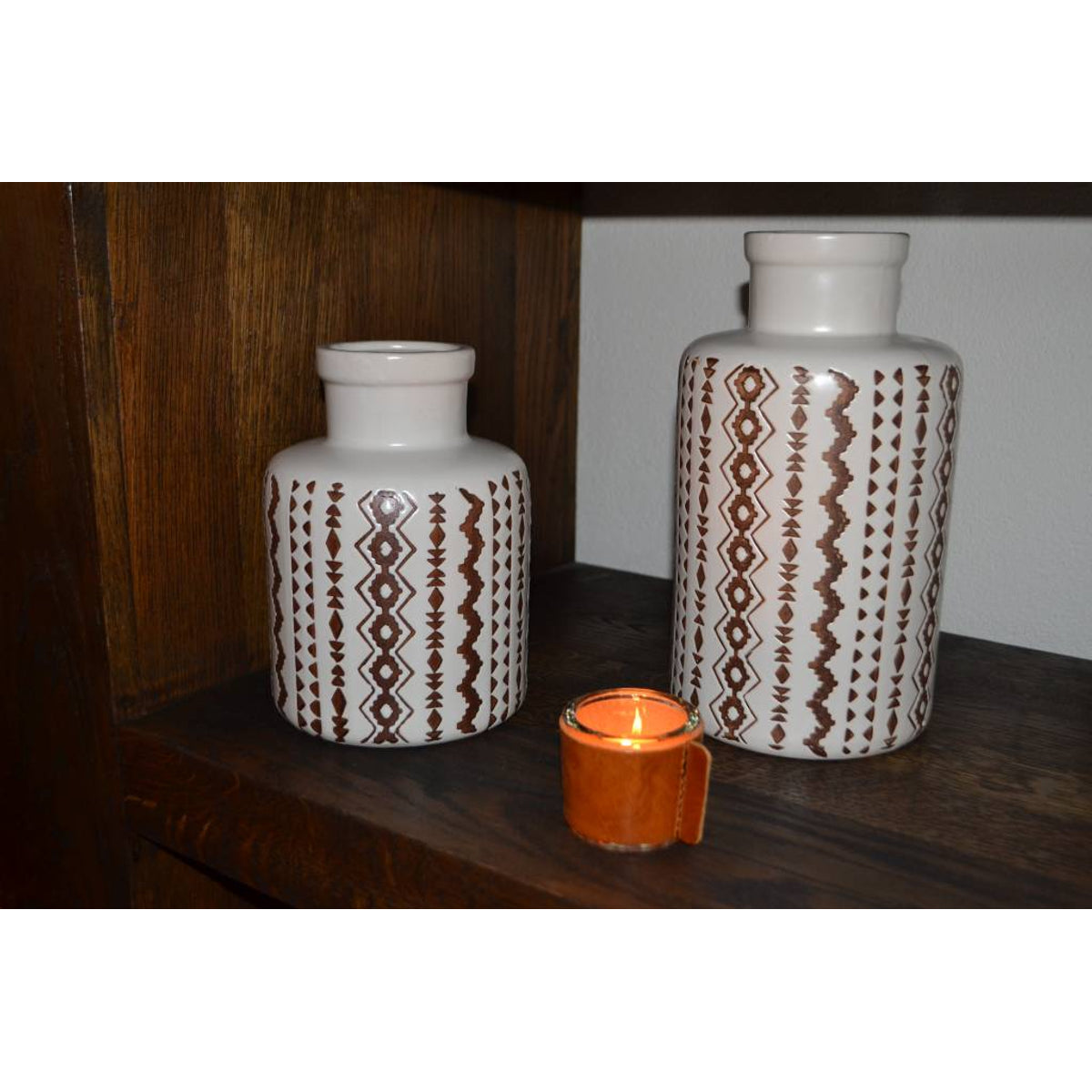 Kaarsenhouder voor theelicht. Glas en bruin leer