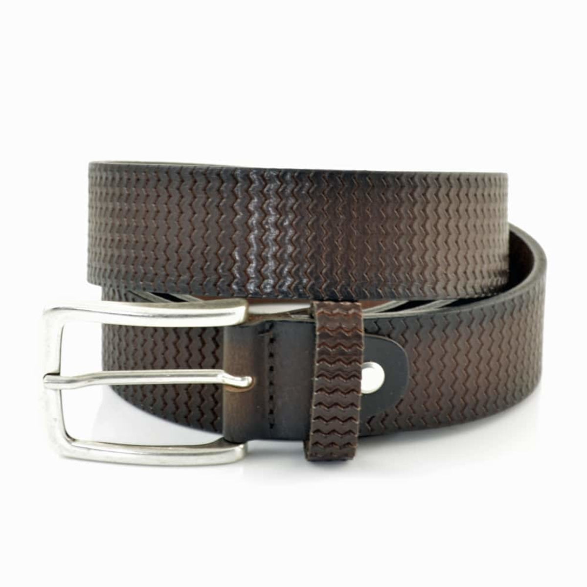 Bruine 3,5cm brede geprente riem van Italiaans leer.
