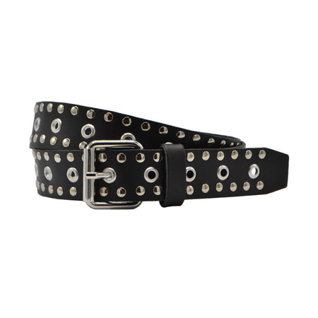 Zwarte soepele riem met zilveren ringen en studs .