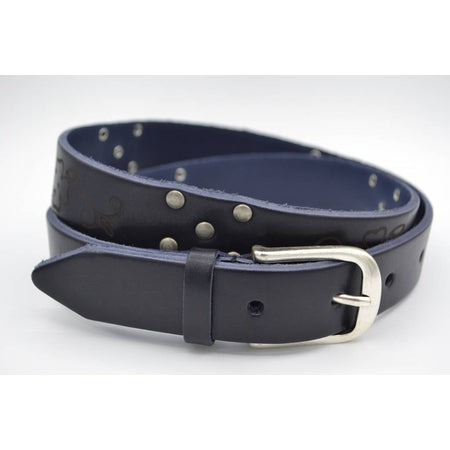 Blauwe riem met studs en laserprint
