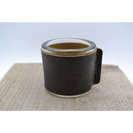 Kaarsenhouder voor theelicht. Glas en grof zwart leer