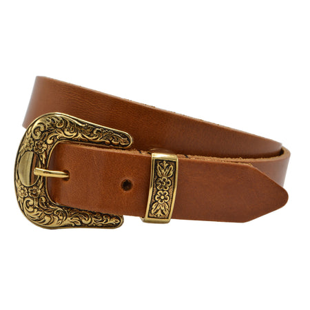 3cm Cognac western riem met gouden gesp