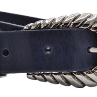 trendy smalle blauwe riem met uitgewerkte gesp. 