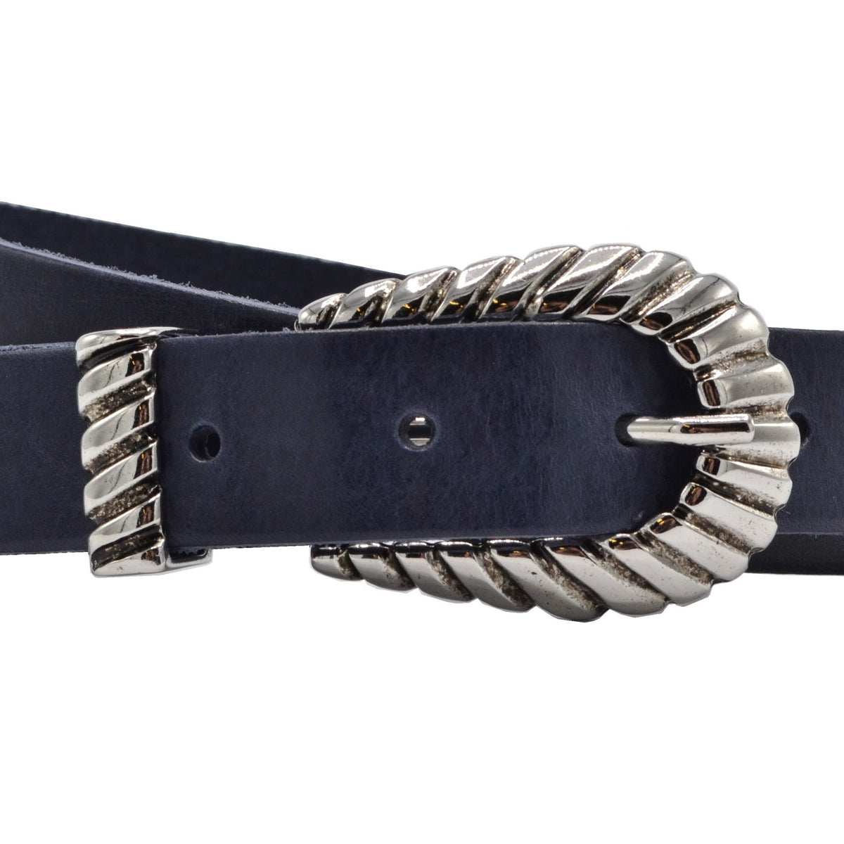 trendy smalle blauwe riem met uitgewerkte gesp. 