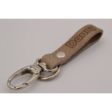 taupe echt lederen sleutelhanger met eigen naam of logo