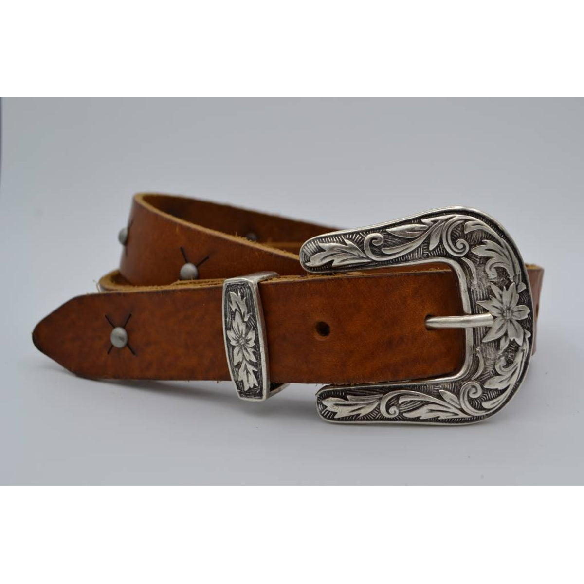 3cm Cognac western stud riem met oud zilveren gesp