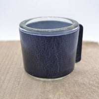 Kaarsenhouder voor theelicht. Glas en blauw leer 