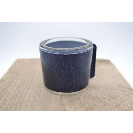 Kaarsenhouder voor theelicht. Glas en blauw leer 