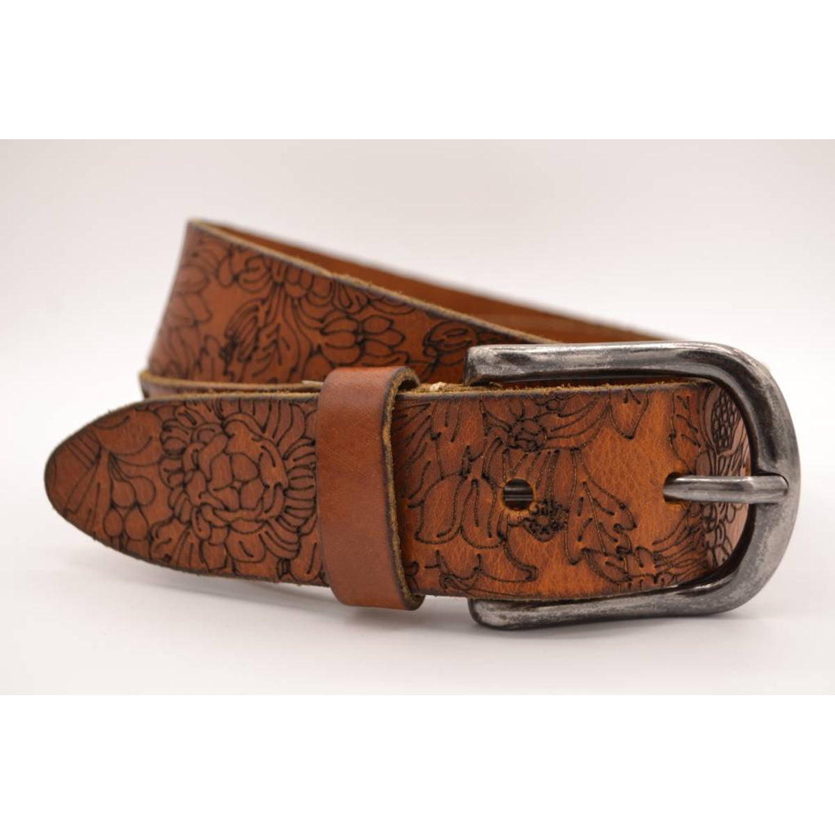 Cognac bloemlaser echt lederen riem