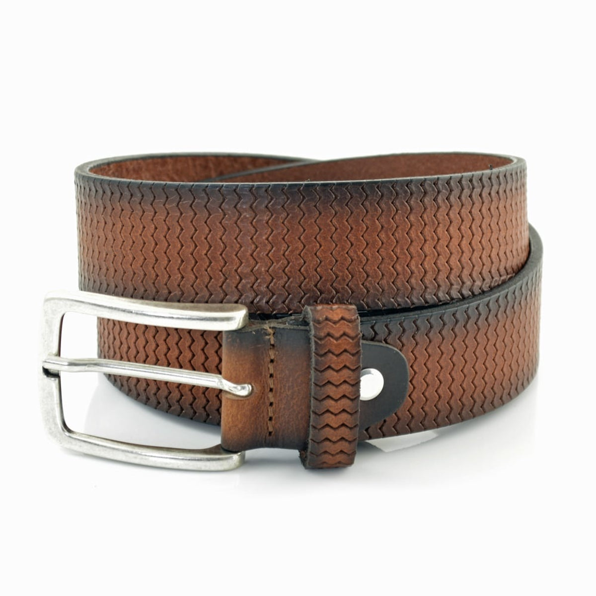 Cognac 3,5cm brede riem gemaakt van Italiaans leer met een mooi patroon. 