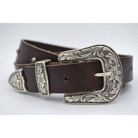 3cm bruine western stud riem met oud zilveren gesp