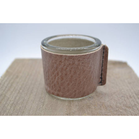 Kaarsenhouder voor theelicht. Glas en taupe leer