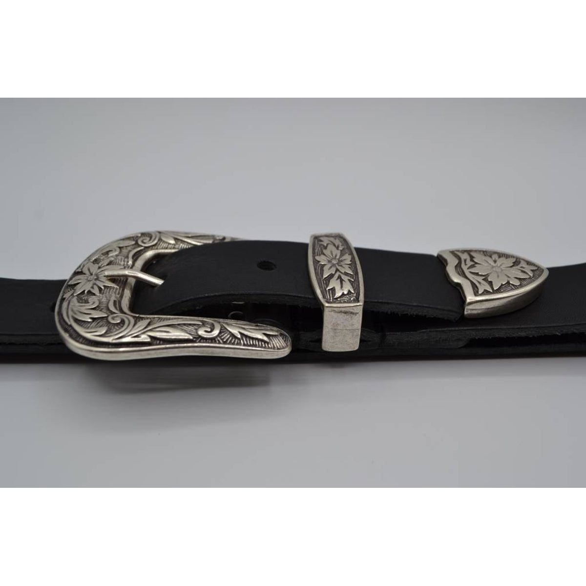 3cm zwarte western stud riem met oud zilveren gesp