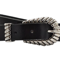 trendy smalle zwarte riem met uitgewerkte gesp. 