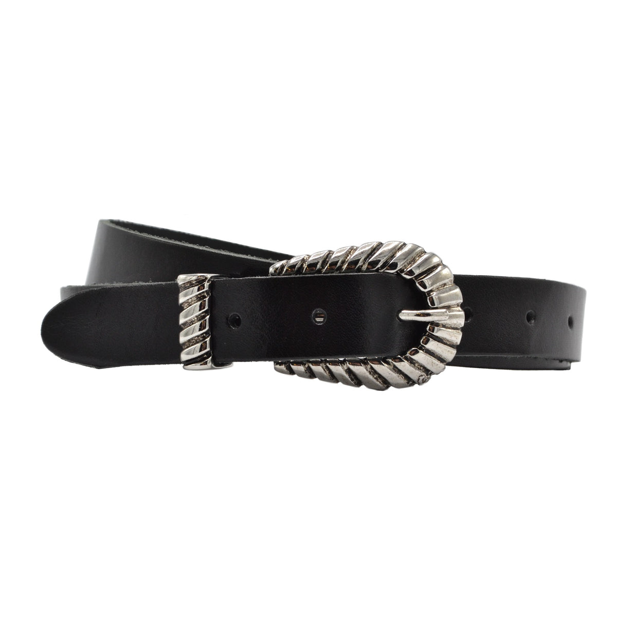 trendy smalle zwarte riem met uitgewerkte gesp. 