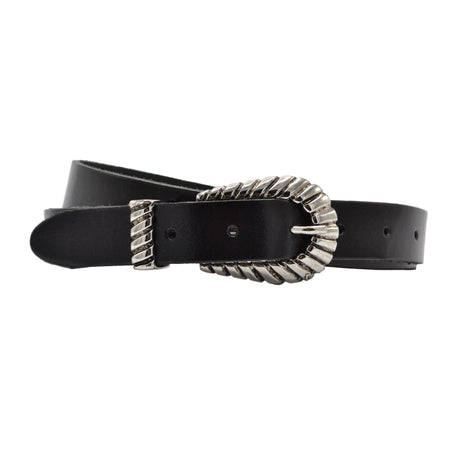 trendy smalle zwarte riem met uitgewerkte gesp. 