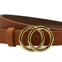 2.5cm brede cognac riem met goud kleurige gesp. 