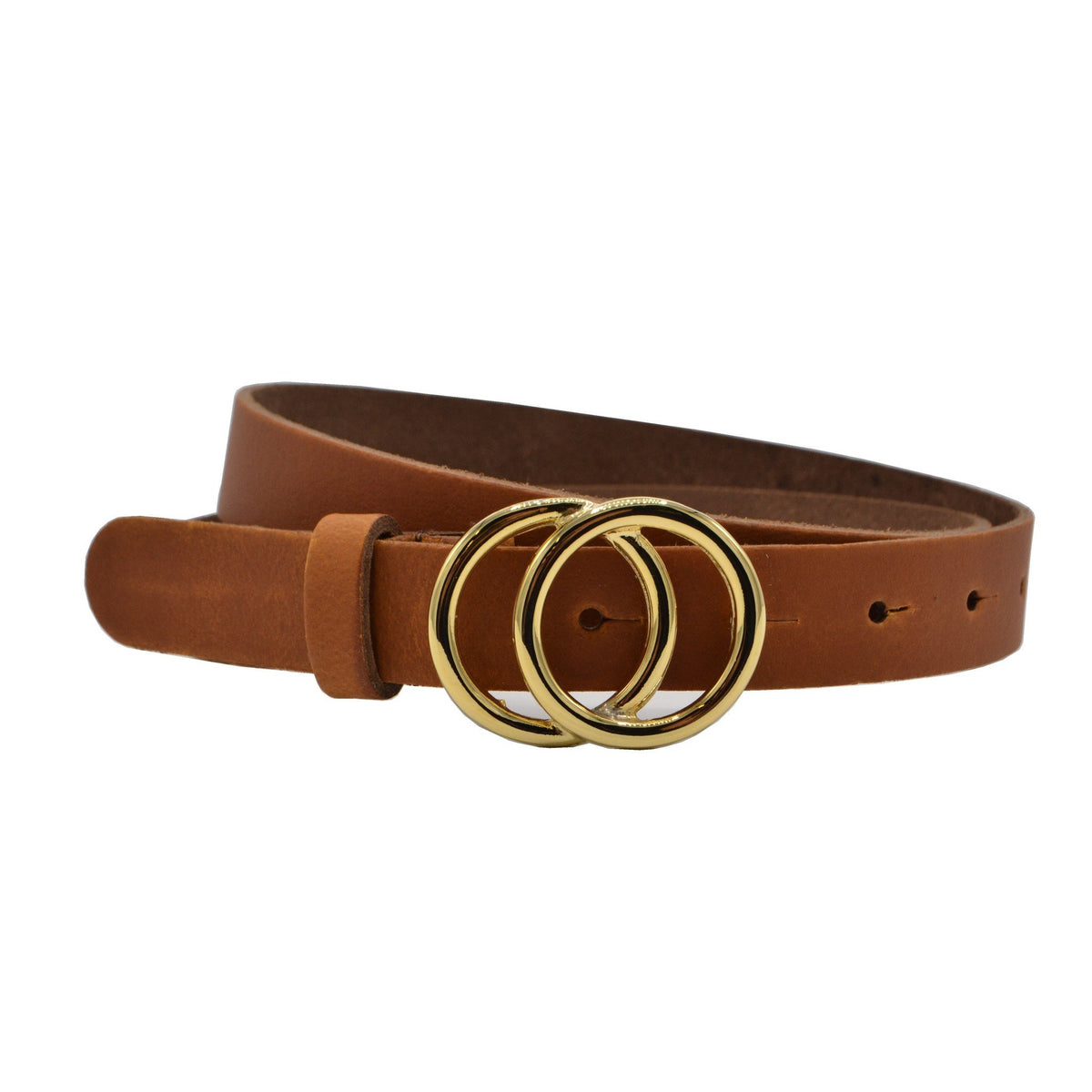 2.5cm brede cognac riem met goud kleurige gesp. 