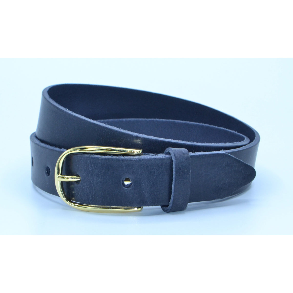 Blauwe 3cm brede riem met gouden gesp. 