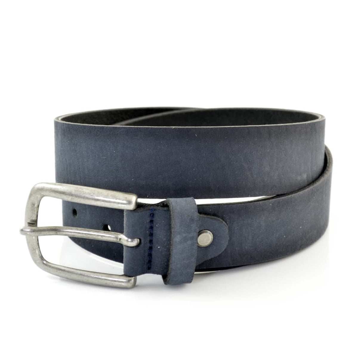 Blauwe moderne heren riem met donkere zijkantjes.