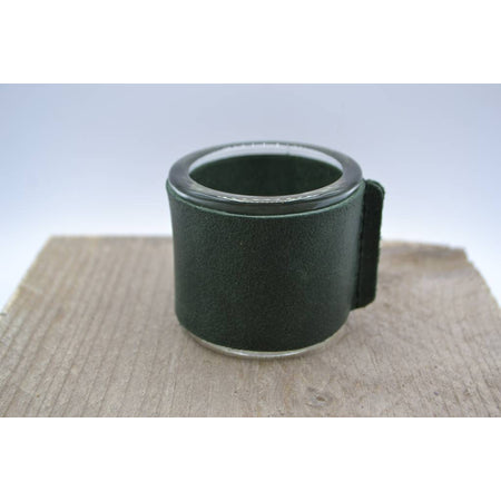Kaarsenhouder voor theelicht. Glas en donker groen leer