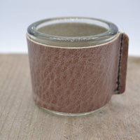 Kaarsenhouder voor theelicht. Glas en taupe leer
