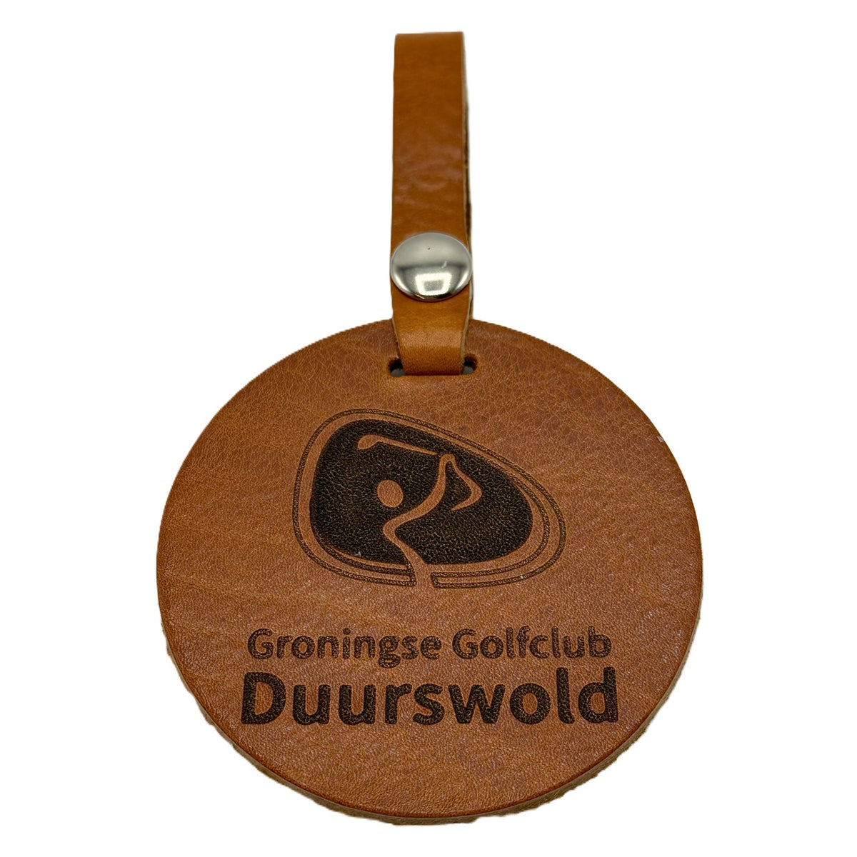 Kofferlabel rond cognac leer