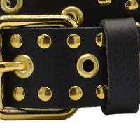 Zwarte soepele riem met gouden ringen en studs